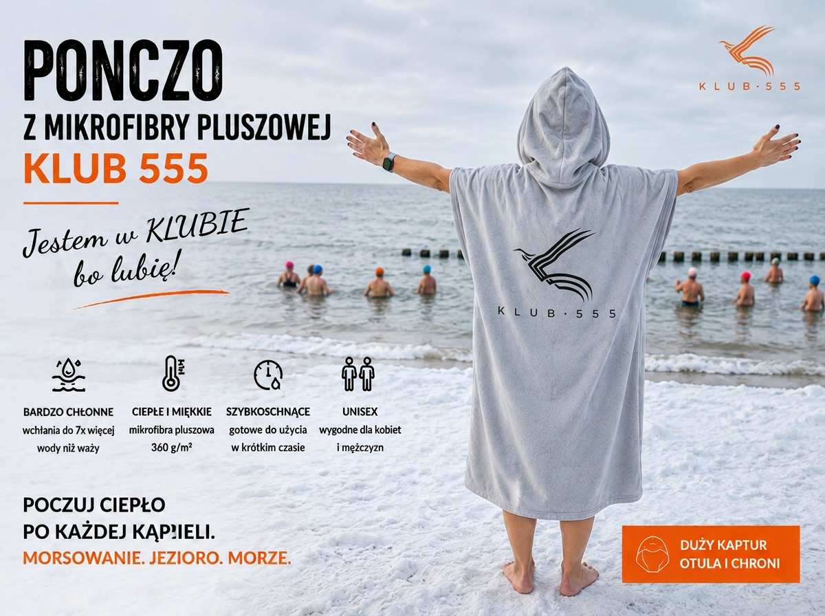 Grafika reklamowa poncza z mikrofibry pluszowej Klub 555 w zimowej scenerii nad morzem. Modelka stoi tyłem w szarym ponczu z dużym kapturem i logo Klub 555 na plecach. Na grafice znajdują się informacje o właściwościach produktu: chłonność, szybkoschnący materiał, miękkość oraz zastosowanie do morsowania, jeziora i plaży.