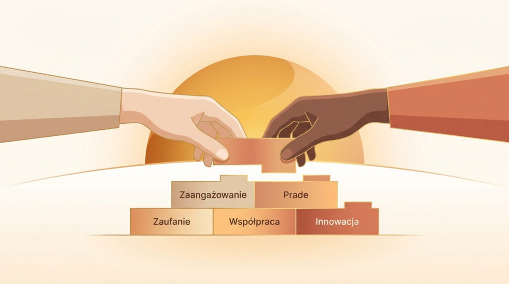 Dwie dłonie wspólnie budują fundament z klocków, symbolizując współpracę i tworzenie nowej podstawy.