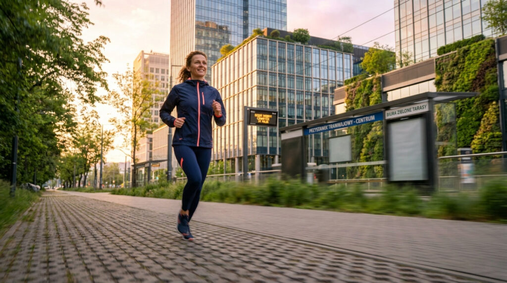 Kobieta w sportowym stroju biegnie o wschodzie słońca przez nowoczesne zielone miasto z wieżowcami w tle, wyrażając determinację i skupienie.