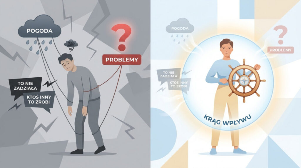 Ilustracja pokazuje kontrast między reaktywną a proaktywną postawą, z osobą pewną siebie w centrum okręgu symbolizującym wpływ.