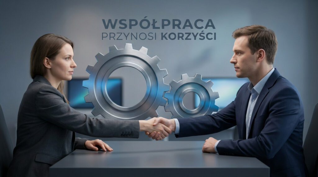 Dwie osoby ściskające dłonie nad stołem z zazębiającymi się kołami zębatymi w tle, symbolizujące skuteczną współpracę i wspólne korzyści.