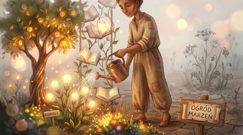 Ilustracja przedstawia osobę pielęgnującą magiczny ogród symbolizujący cele i marzenia, z roślinami w kształcie monet, żarówek i książek.