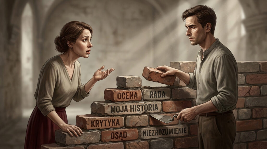 Dwie osoby próbują rozmawiać, ale między nimi rośnie ceglasty mur z widocznymi słowami ocena rada moja historia, symbolizujący trudności w komunikacji.