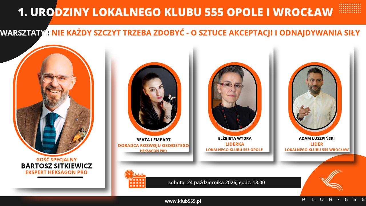 Pierwsze urodziny Lokalnych Klubów 555 Opole i Wrocław: warsztaty „Nie każdy szczyt trzeba zdobyć” z Bartoszem Sitkiewiczem, sobota 24 października 2026, godz. 13:00
